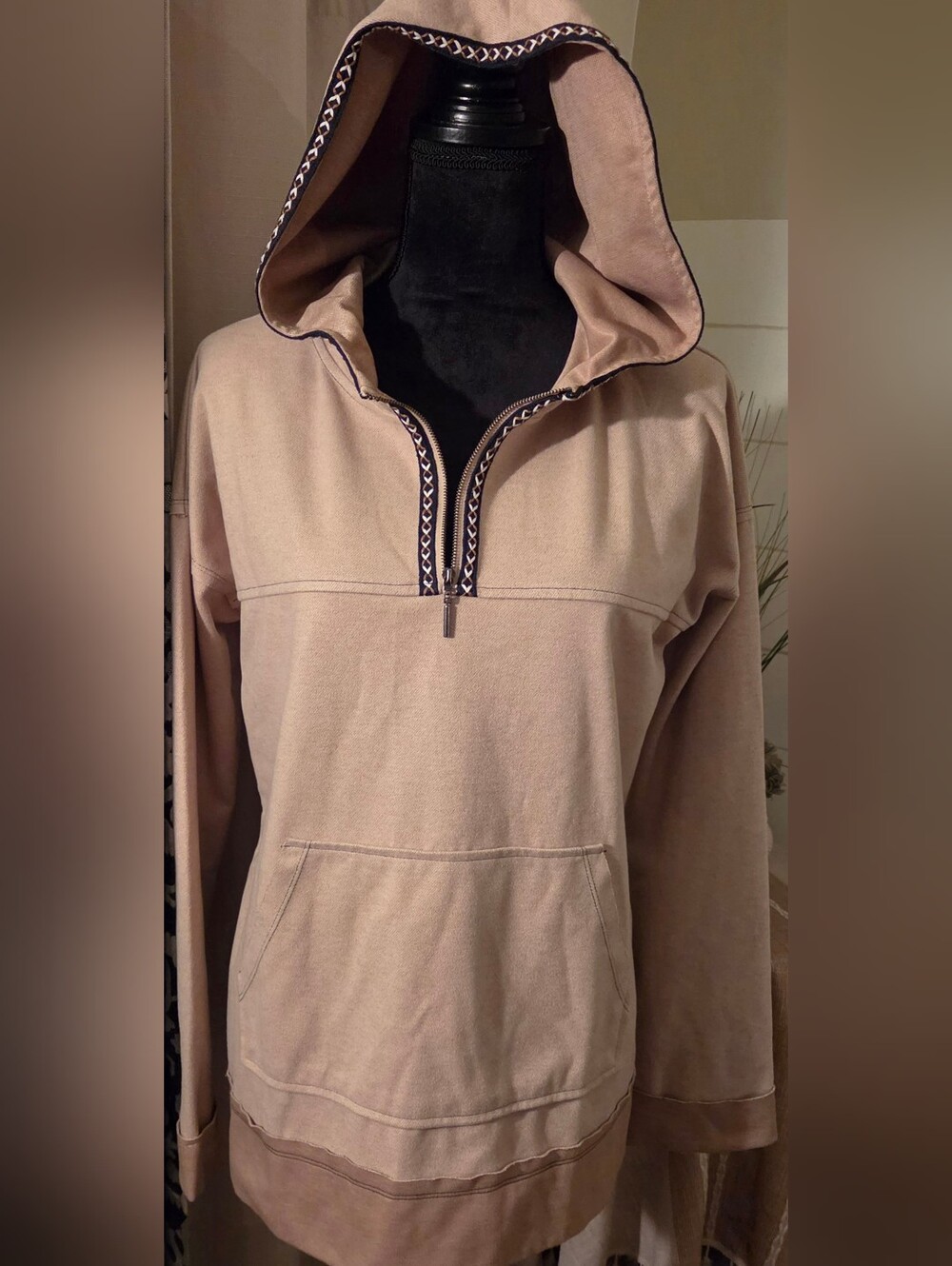 Tan Geometric Chevron Embroidered Half Zip Pullover Hoodie Boho Hem & Thread